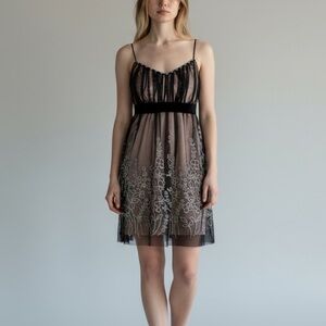 Teeze Me Black Sheer Embroidered Babydoll Mini Dress Y2K Prom Party Fairy